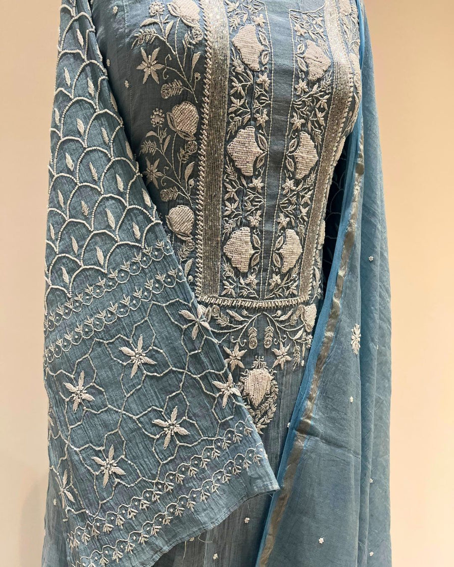 Tissue Chikankari Unstitched Anarkali - Cornflower Blue