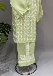 Organza Chikankari Semi Stitch Co-ord Set - Mint Green