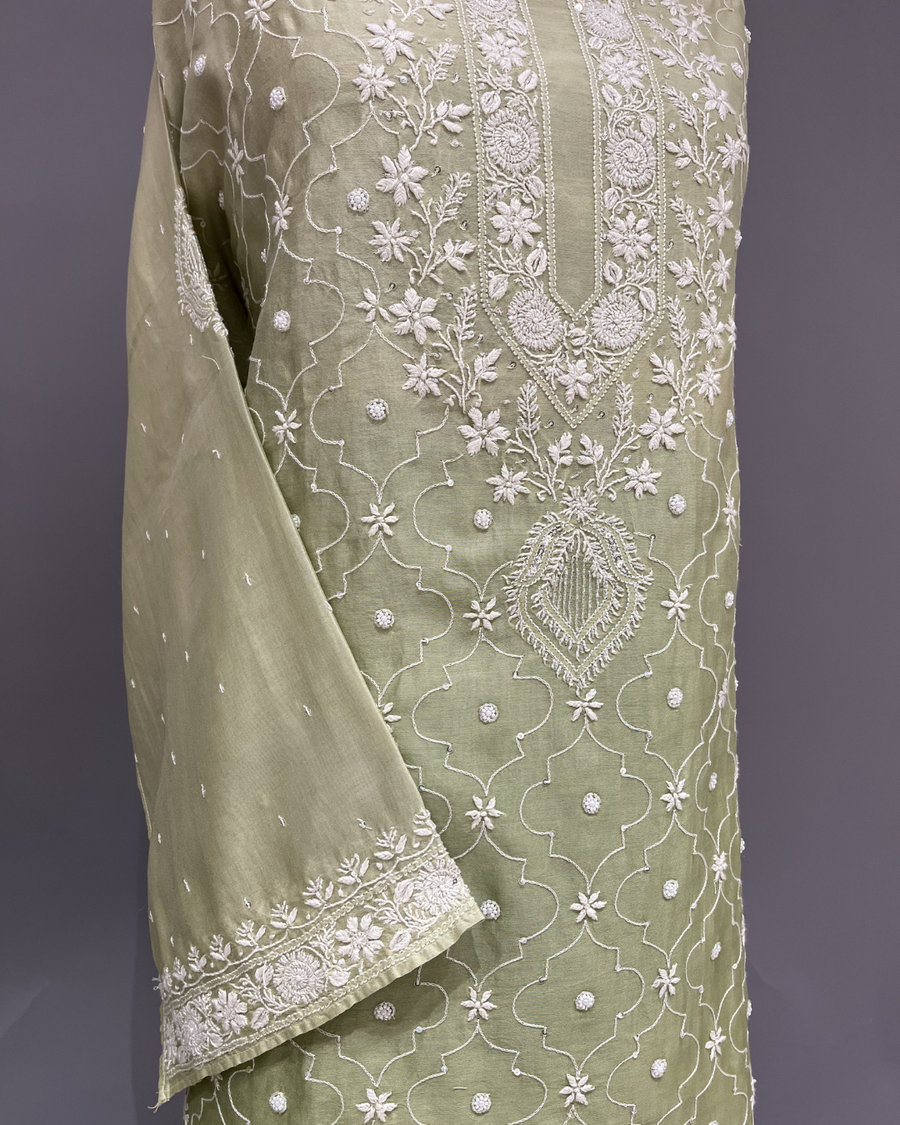 Chanderi Chikankari Co ord Set - Sage Green