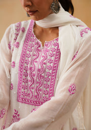 Mul Chikankari Suit Set - White and Pink