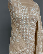 Mul Chanderi Chikankari Unstitched 2pc Suit - Coffee Latte