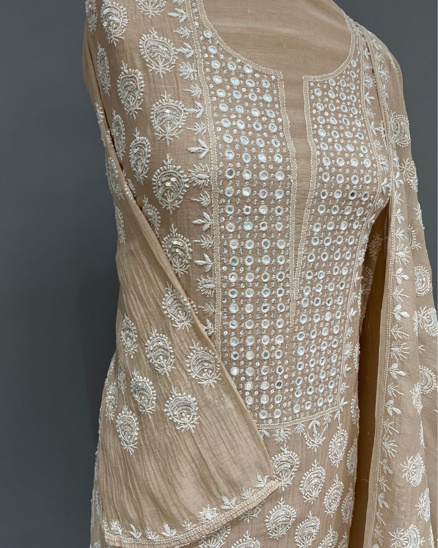 Mul Chanderi Chikankari Unstitched 2pc Suit - Coffee Latte