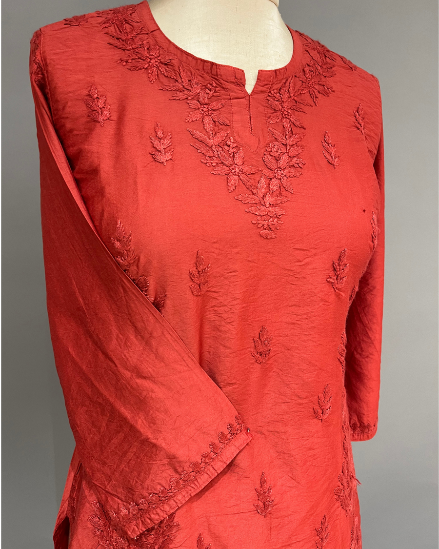 Chanderi Chikankari Short Kurti - Rustic Red