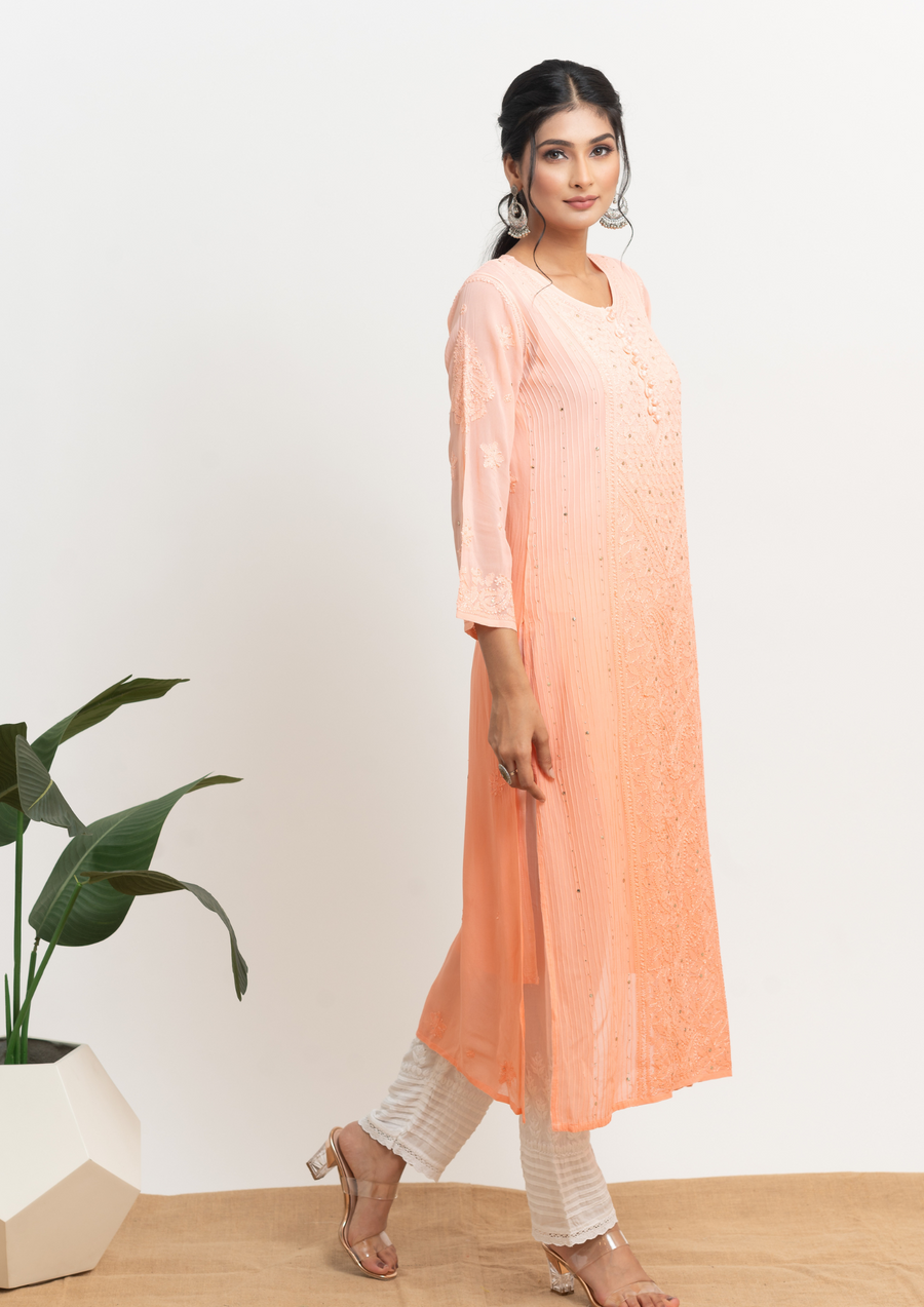 Georgette Chikankari Straight Kurta - Ombre Peach