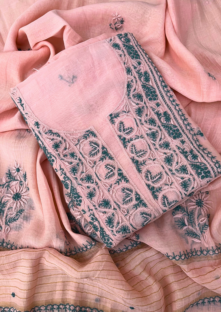 Chikankari Mul Chanderi Unstitched 2Pc Suit - Baby Pink
