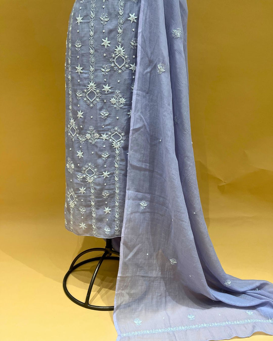 Mul Chikankari Unstitched 2pc Suit - Cornflower Blue