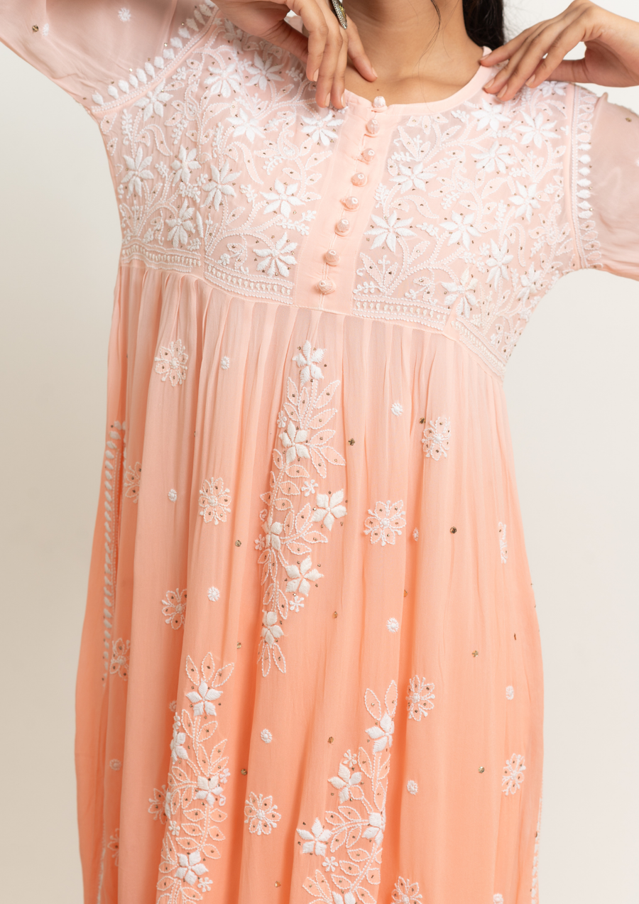 Georgette Chikankari Straight Kurta - Tropical Peach