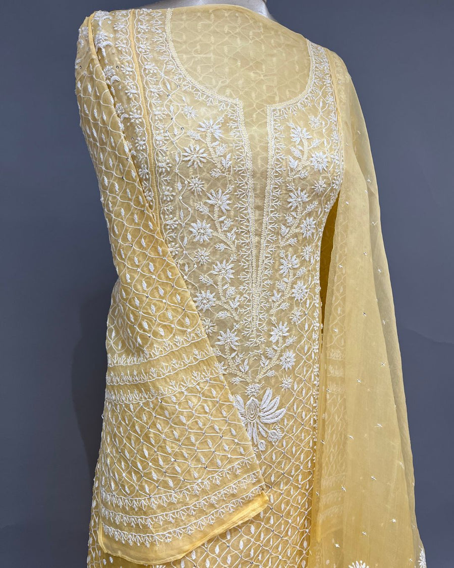 Organza Chikankari Unstitch 2pc Anarkali- Sunlight Yellow Ombre