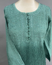 Muslin Chikankari Short Kurti - Teal Green