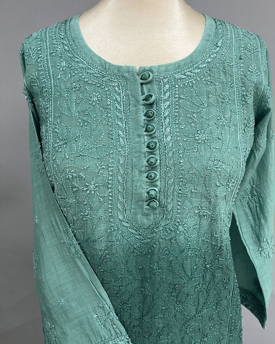 Muslin Chikankari Short Kurti - Teal Green