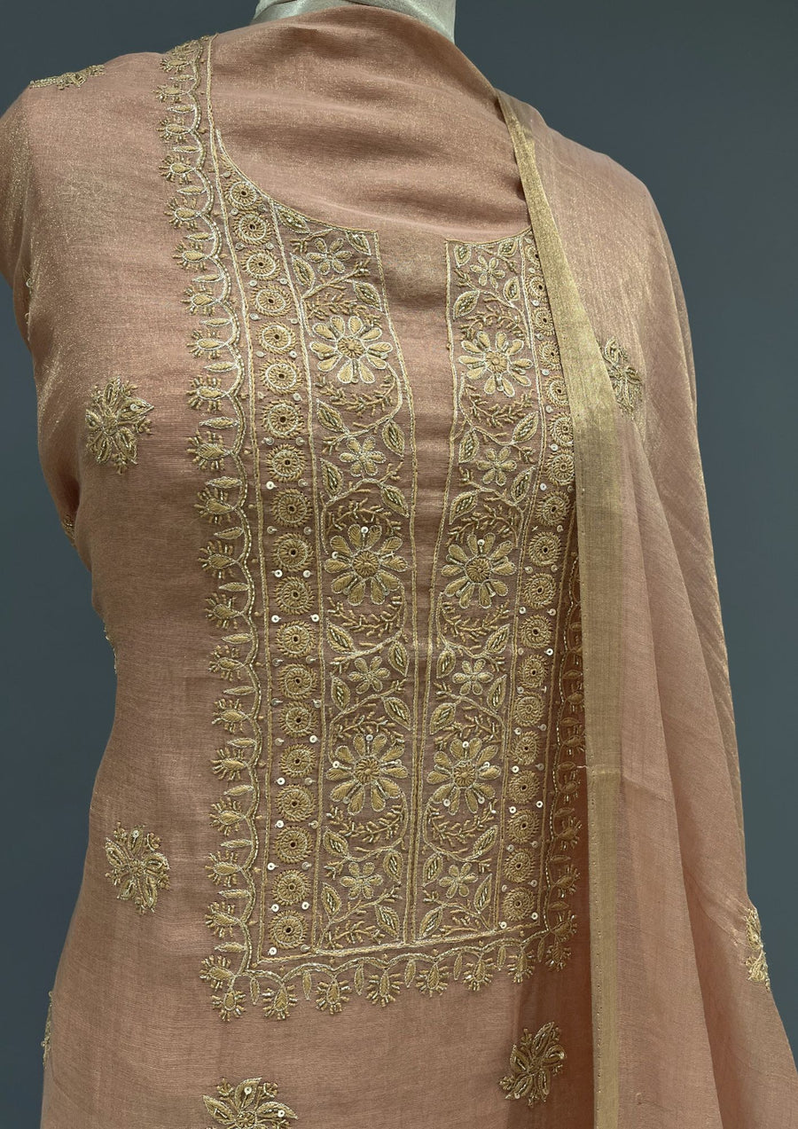 Tissue Chikankari Unstitch 2pc Suit - Rose Gold
