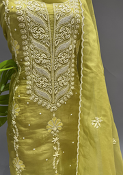 Chikankari Unstitched Organza Suit Set - Lime Green