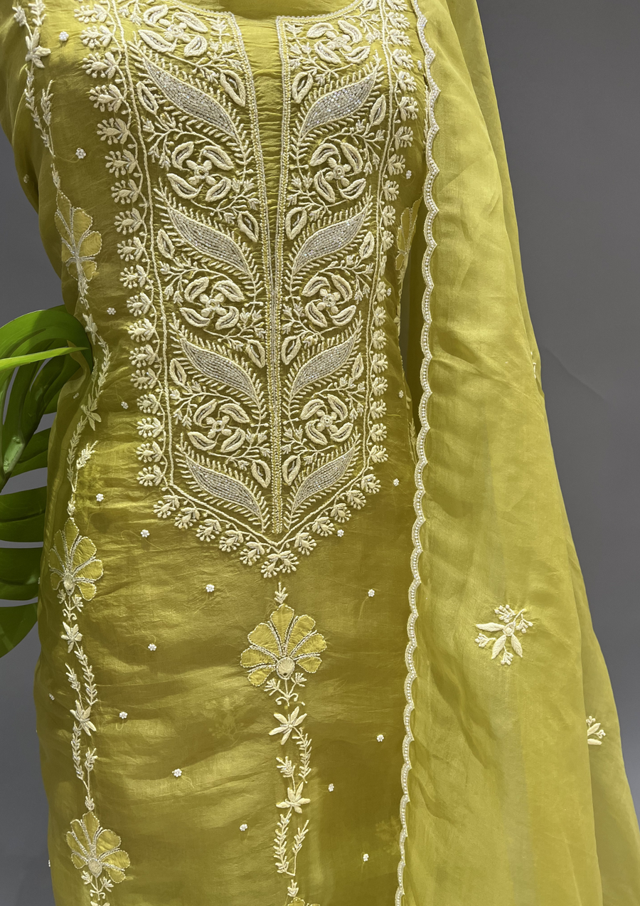 Chikankari Unstitched Organza Suit Set - Lime Green