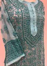 Georgette Chikankari Long Kurti - Sea Blue