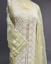 Organza Chikankari Unstitch 2pc Suit - Lime Green
