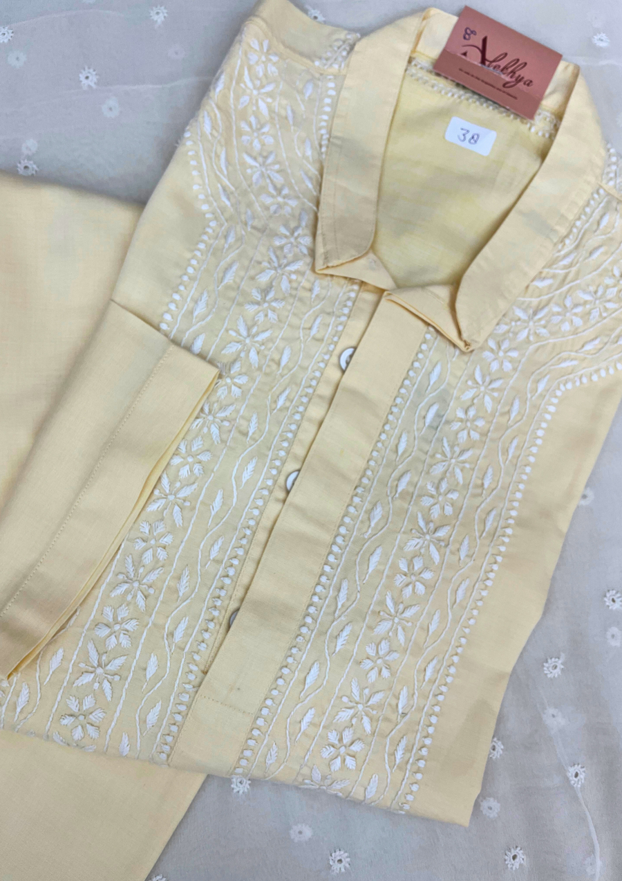 Cotton Chikankari Stitched Mens Kurta- Yellow