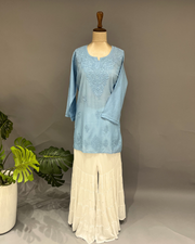 Chanderi Chikankari Short Kurti - Cornflower Blue