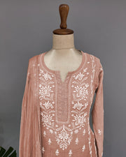 Mul Chander Chikankari 3 pc Suit - Caramel Brown