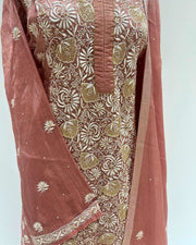 Tissue Chikankari Unstitched 2pc Suit - Rust Brown