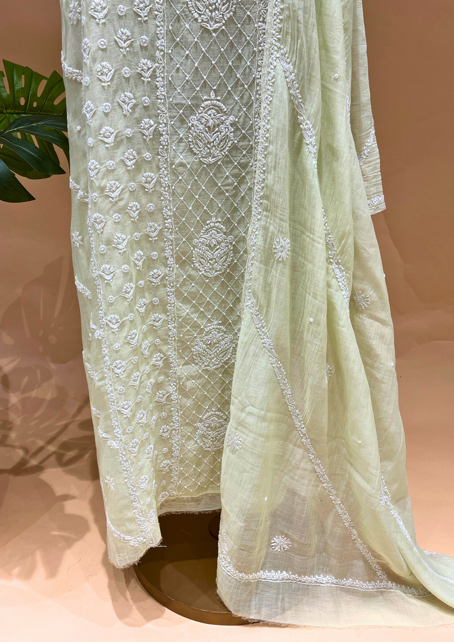 Mul Chanderi Chikankari Unstitched 2pc Suit - Lime Green