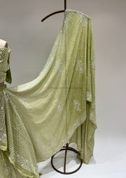 Pure Georgette Chikankari Unstitched Lehenga - Sage Green