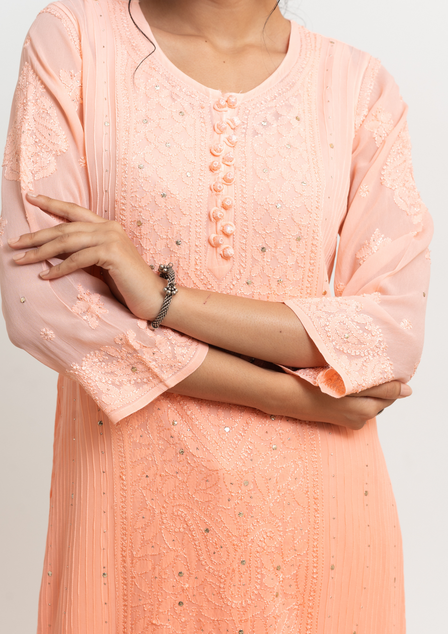 Georgette Chikankari Straight Kurta - Ombre Peach