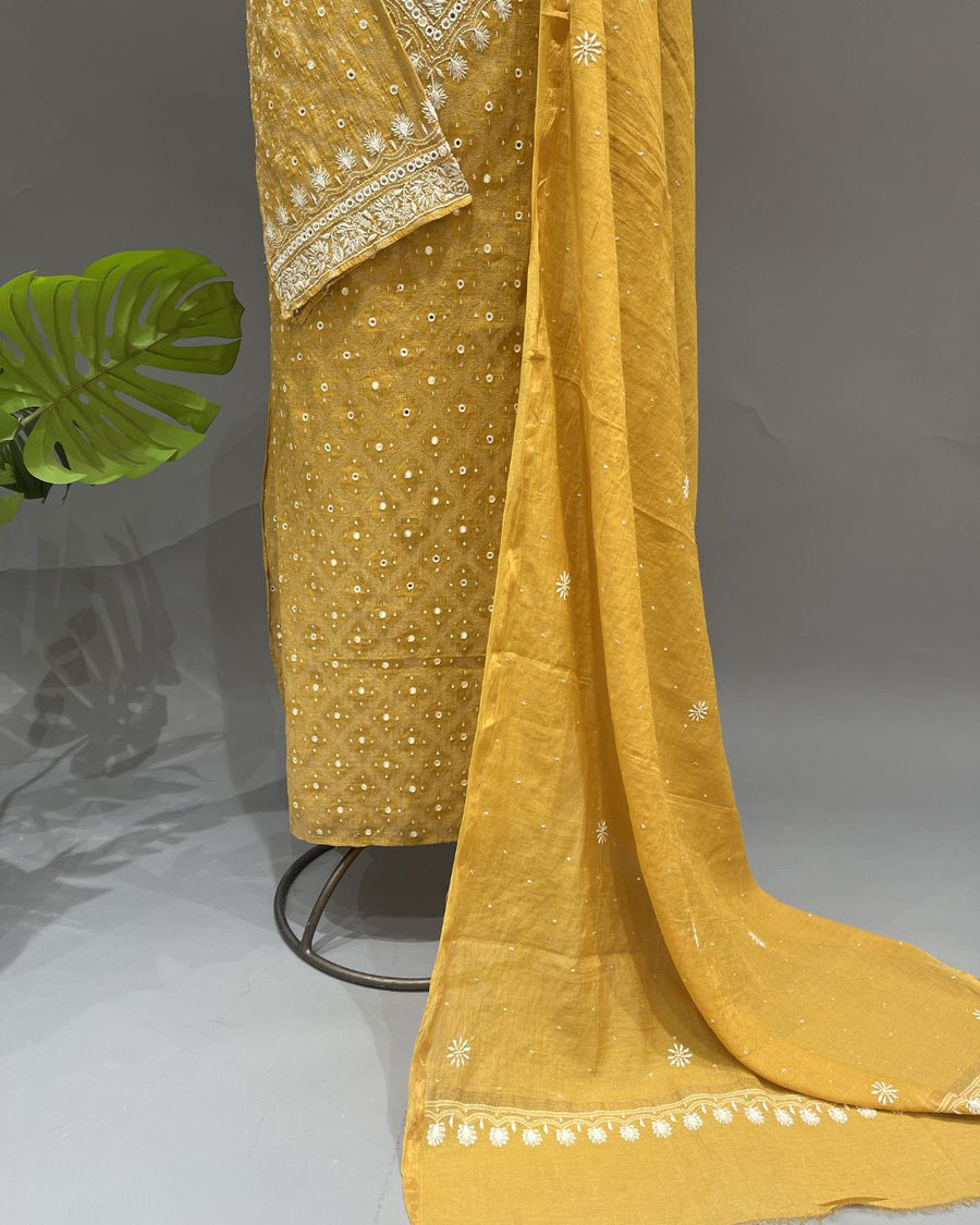 Banarsi Chanderi Chikankari Semistitch 2pc Suit - IKEA Yellow