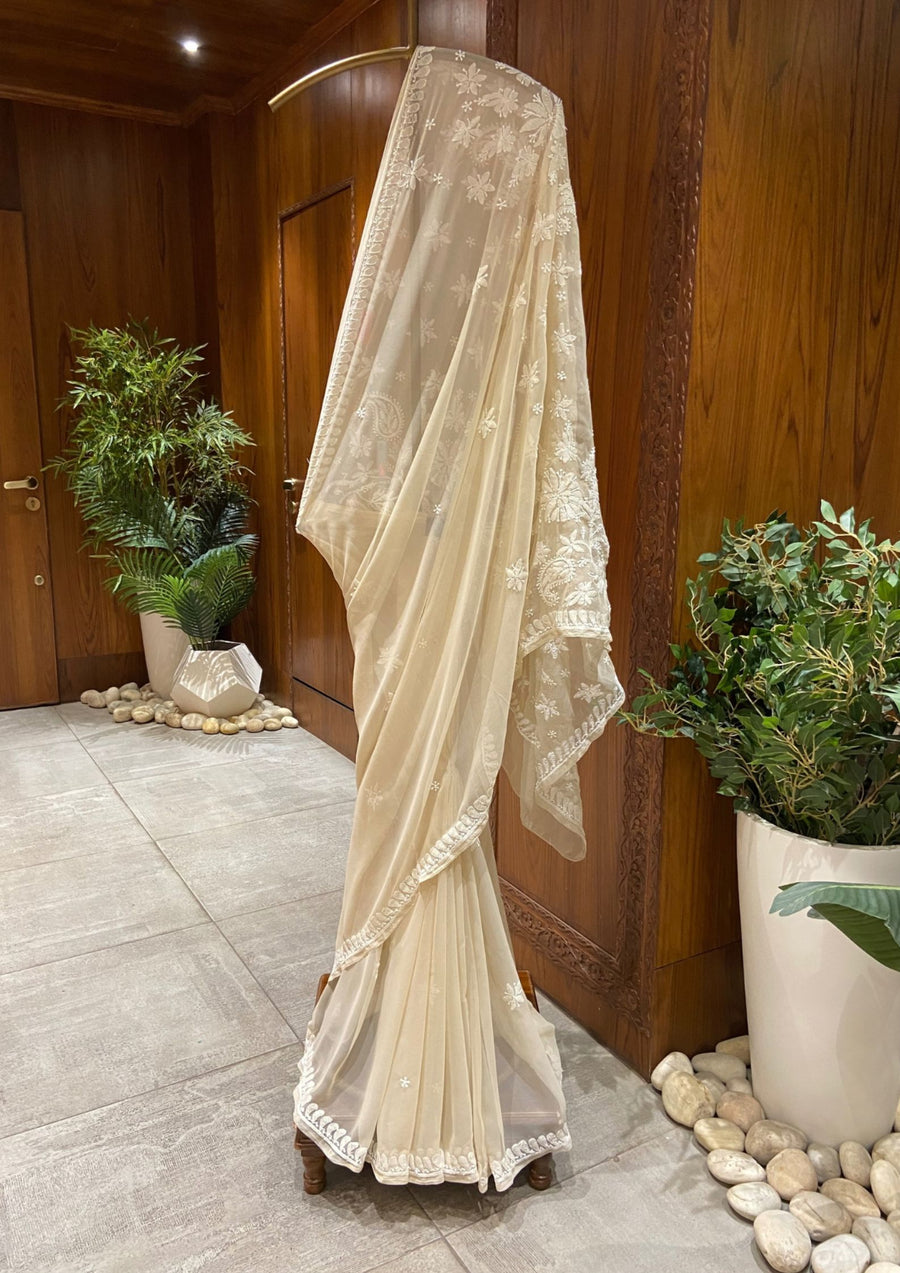 Chikan Saree Georgette - Beige