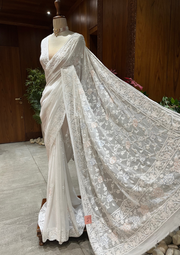 Viscose Chikankari Saree- White