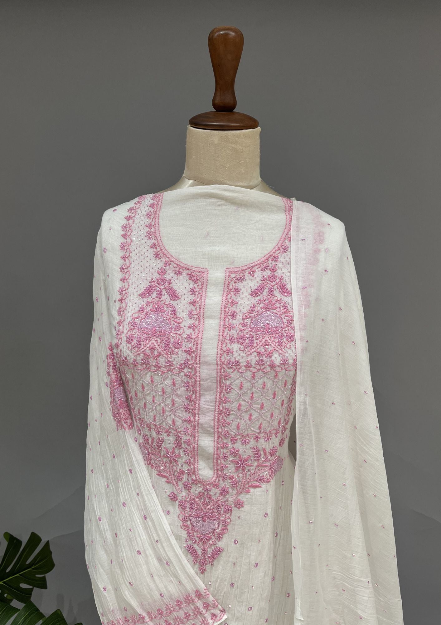 Mul Chanderi Chikankari Unstitch 2pc Suit - White & Pink
