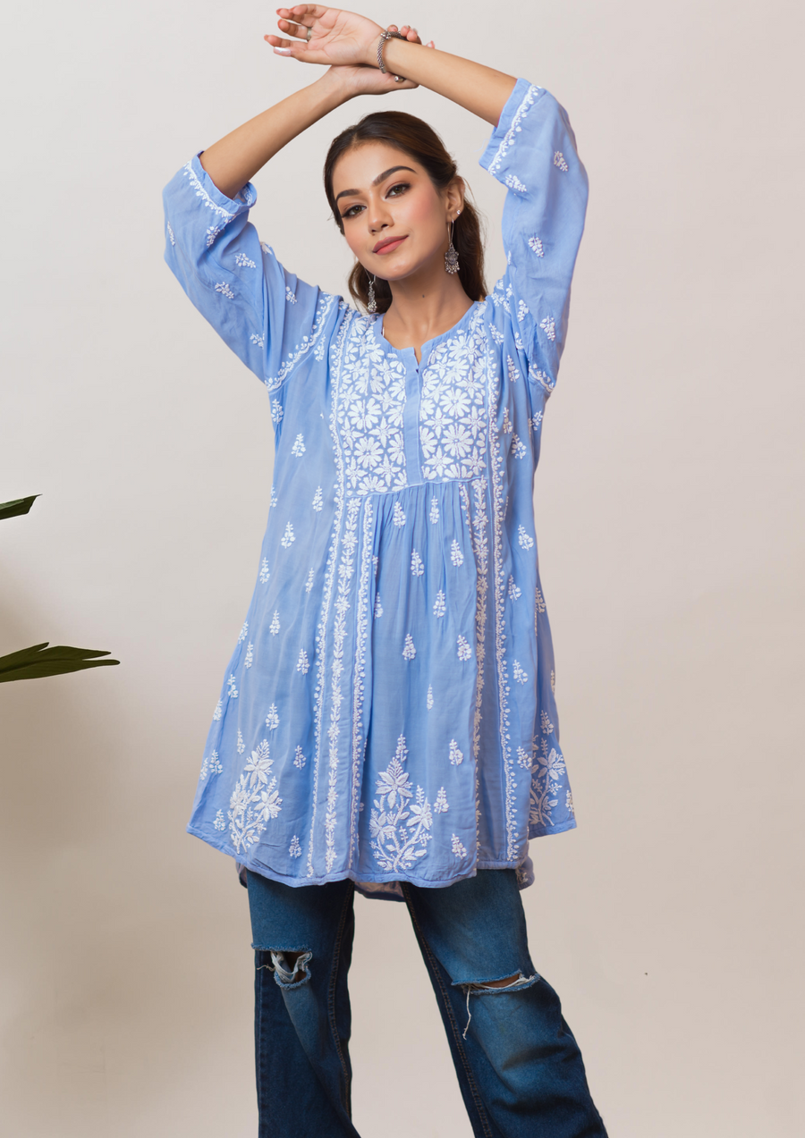 Modal Chikankari Short Kurti - Carolina Blue