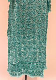 Georgette Chikankari Long Kurti - Sea Blue