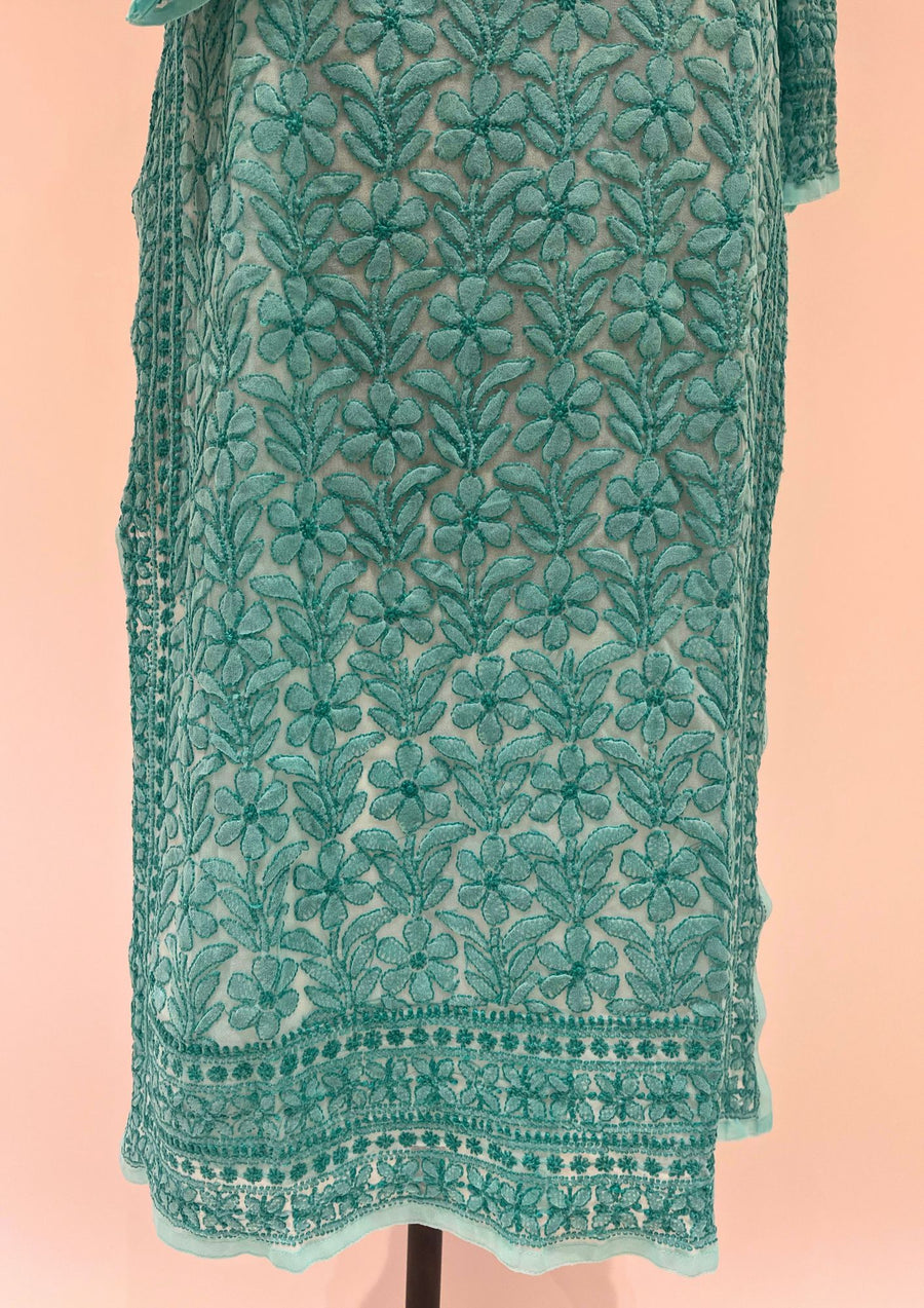 Georgette Chikankari Long Kurti - Sea Blue