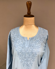 Chanderi Chikankari Short Kurti - Cornflower Blue