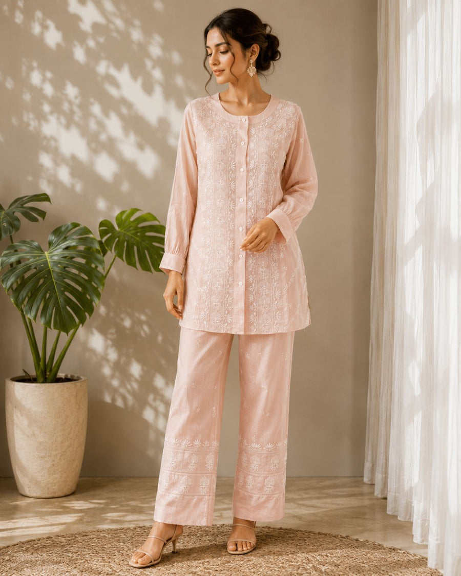 Maheshwari Chanderi Chikankari Co ord Set - Dusty Pink