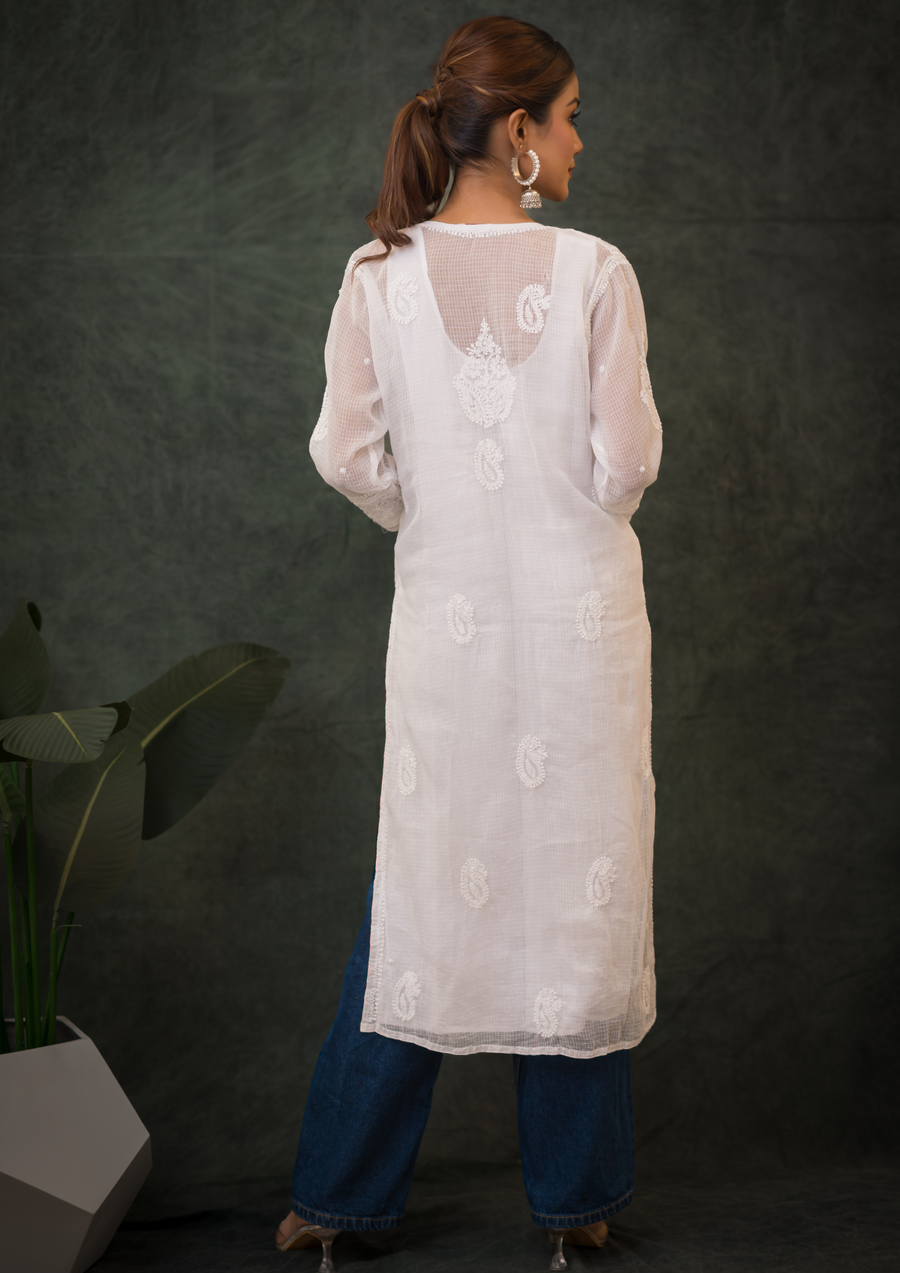 Kota Chikankari Long Kurti - Serene White