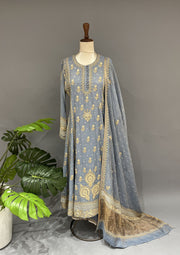 Tissue Chikankari Anarkali Set - Cornflower Blue