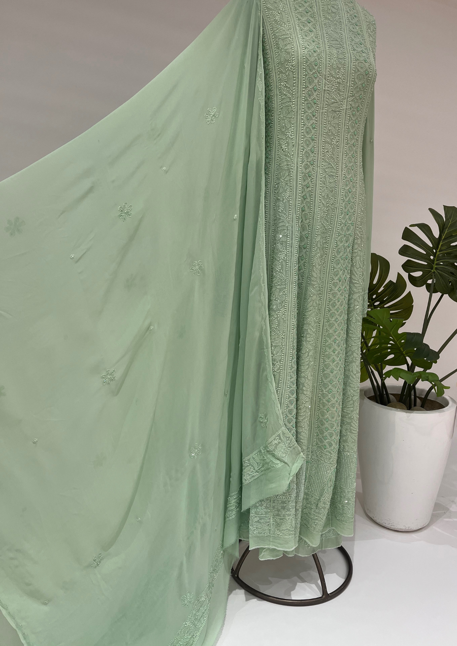 Viscose Chikankari Semistitched Anarkali - Sage Green