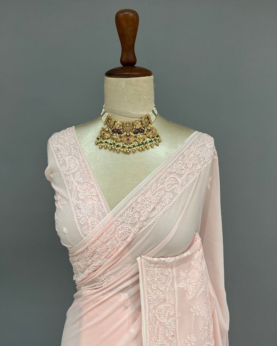 Viscose Chikankari Saree - Blush Pink