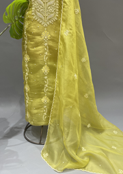 Chikankari Unstitched Organza Suit Set - Lime Green