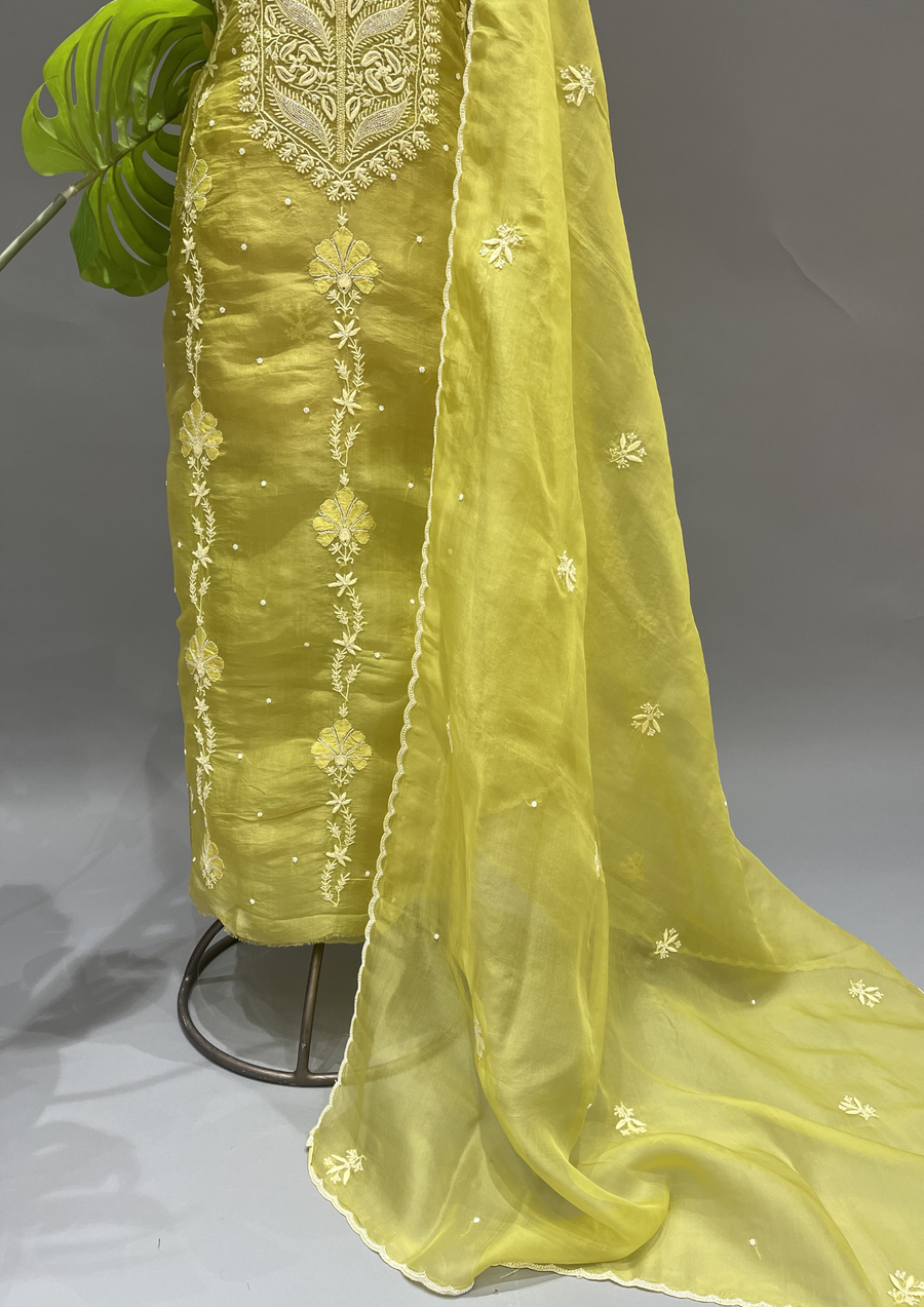 Chikankari Unstitched Organza Suit Set - Lime Green