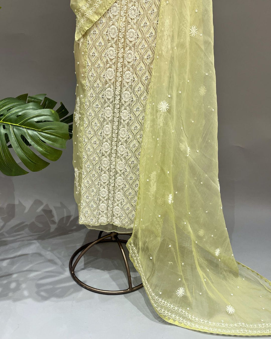 Organza Chikankari Unstitch 2pc Suit - Lime Green