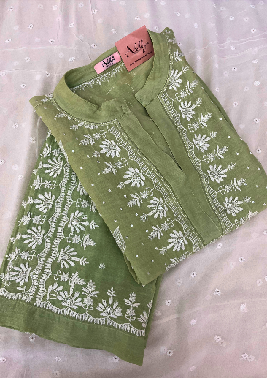 Chikankari Semistitched Mul Chanderi Co-ord Set - Sage Green