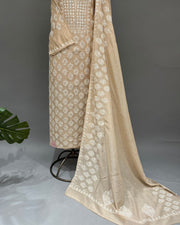 Mul Chanderi Chikankari Unstitched 2pc Suit - Coffee Latte