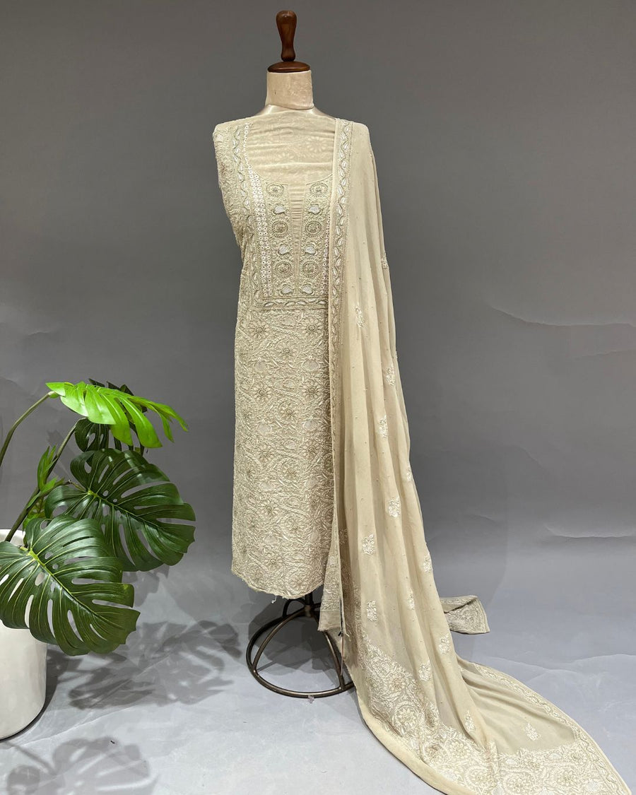 Pure Georgette Chikankari Unstitched 2pc Suit - Soft Beige