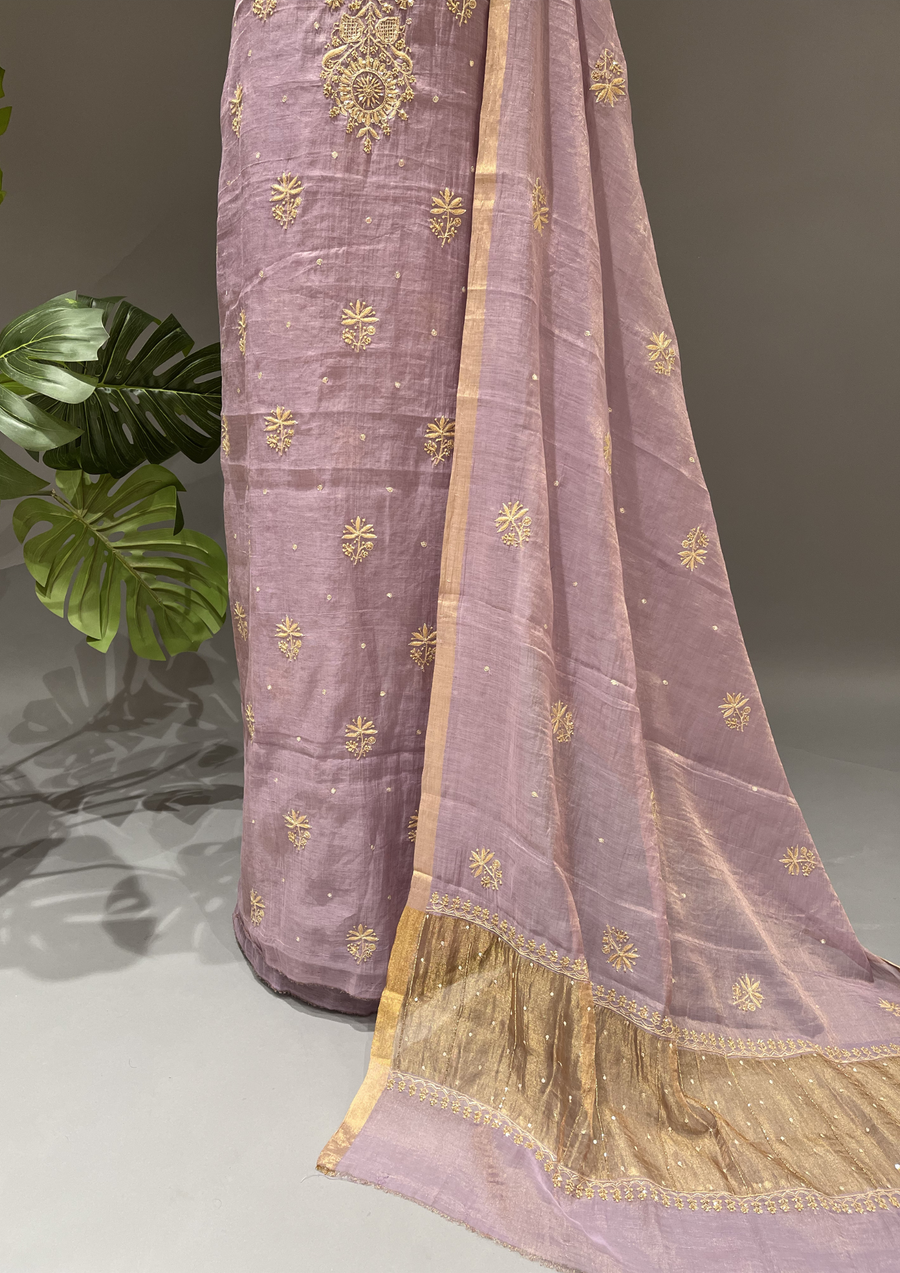 Chikankari Tissue Unstitched Kurta & Dupatta Set - Moonlight Mauve