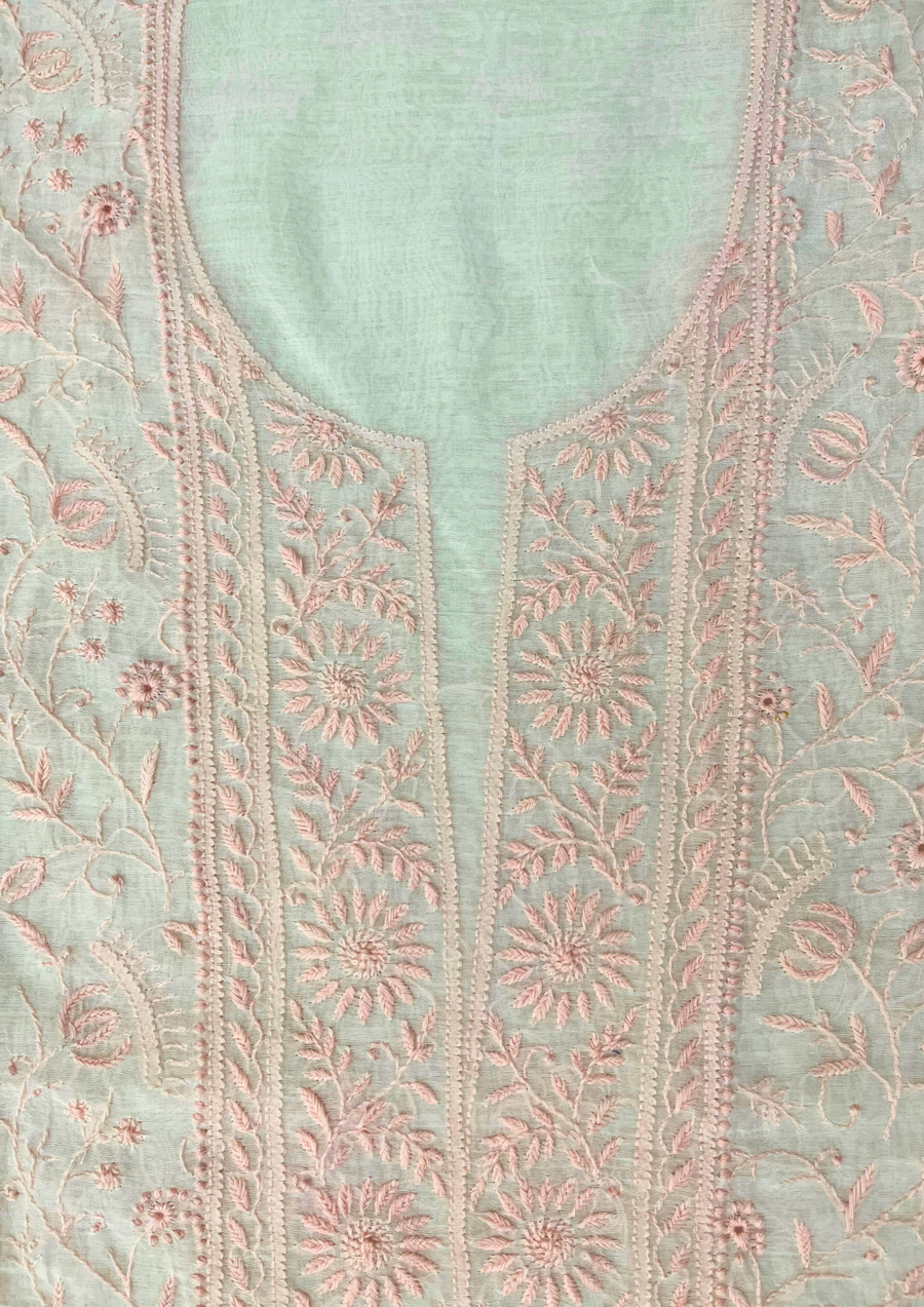 Chikankari Mul Chanderi Unstitched 2Pc Suit - White and Peach
