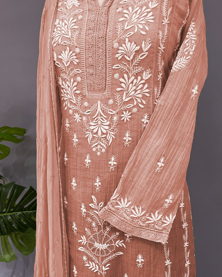 Mul Chander Chikankari 3 pc Suit - Caramel Brown