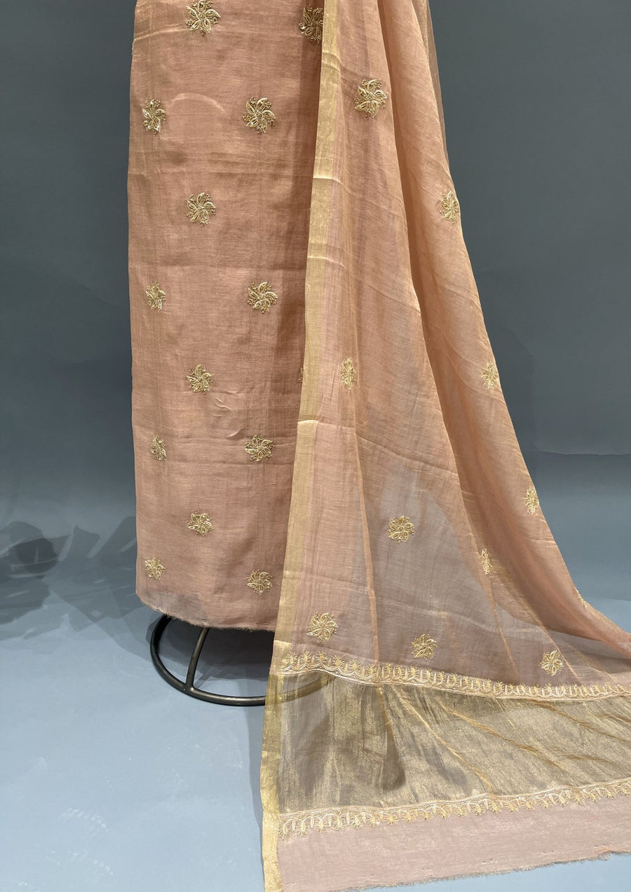 Tissue Chikankari Unstitch 2pc Suit - Rose Gold