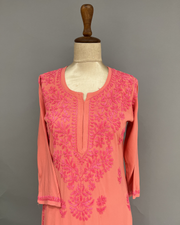 Rayon Chikankari Kurti - Coral